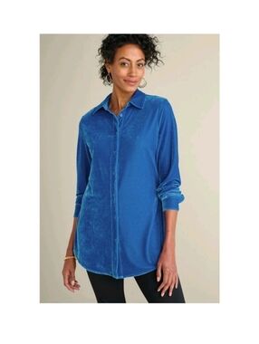 Soft Surroundings Blue Velvet Boyfriend Tunic Top Large Button Front Casual
